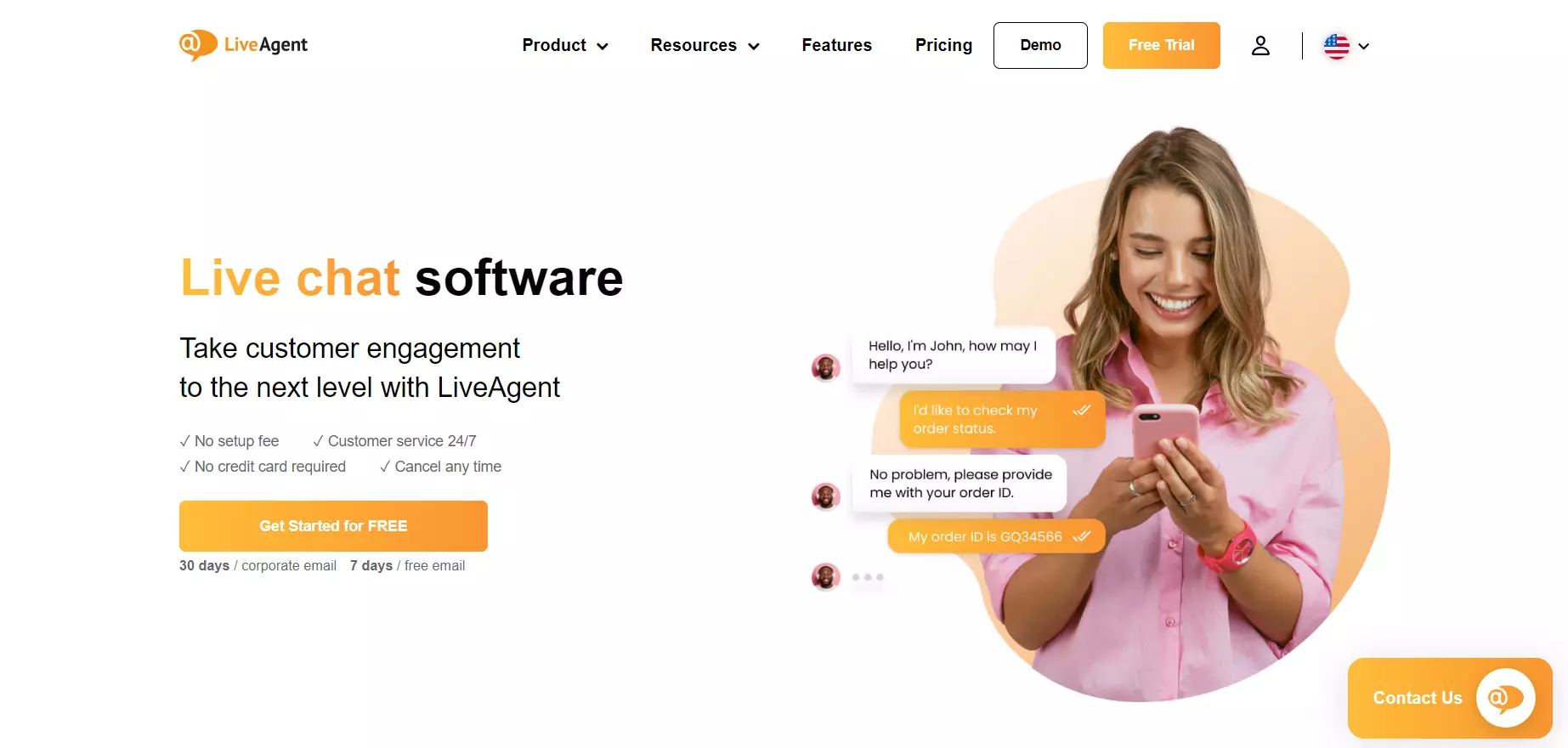 Captura de tela da página inicial do LiveAgent, software de chat ao vivo para conexões reais