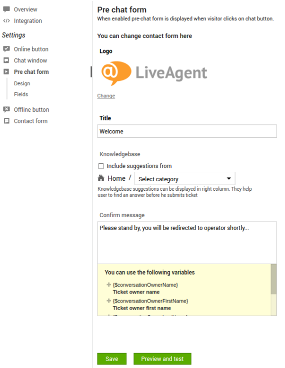 Imagem mostrando a visão geral das configurações do formulário pré-chat no LiveAgent.