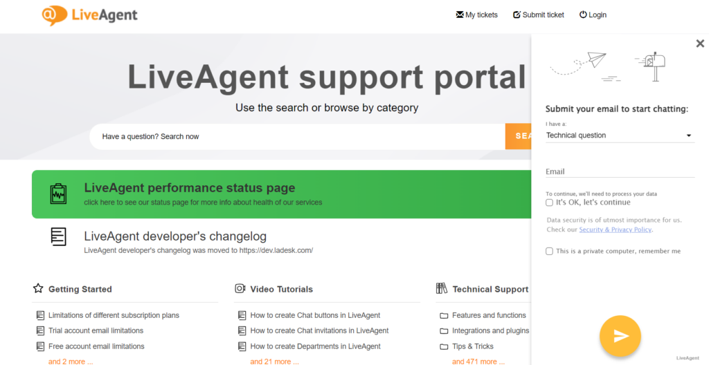 Portal de suporte da base de conhecimento LiveAgent