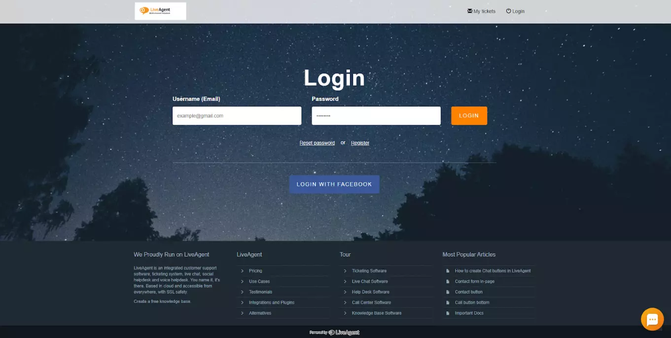 LiveAgent - login do portal de suporte