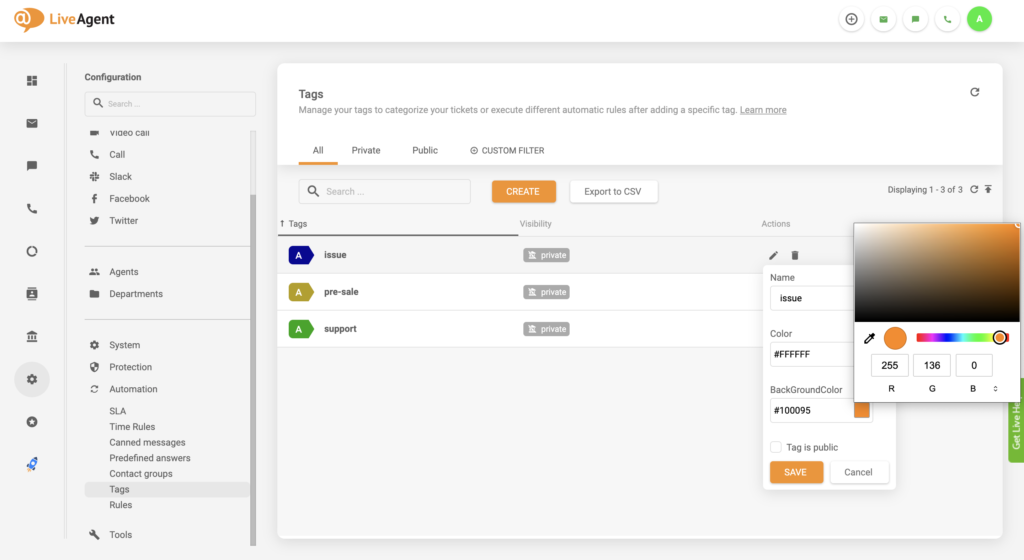 Atualização de configuração de mudança de cor de tag no LiveAgent
