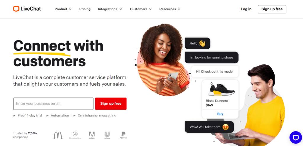 Página inicial do LiveChat - software de chat ao vivo para ecommerce