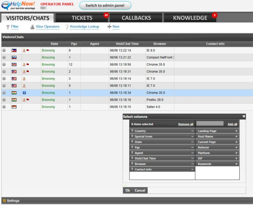 Painel de chat do LiveHelpNow