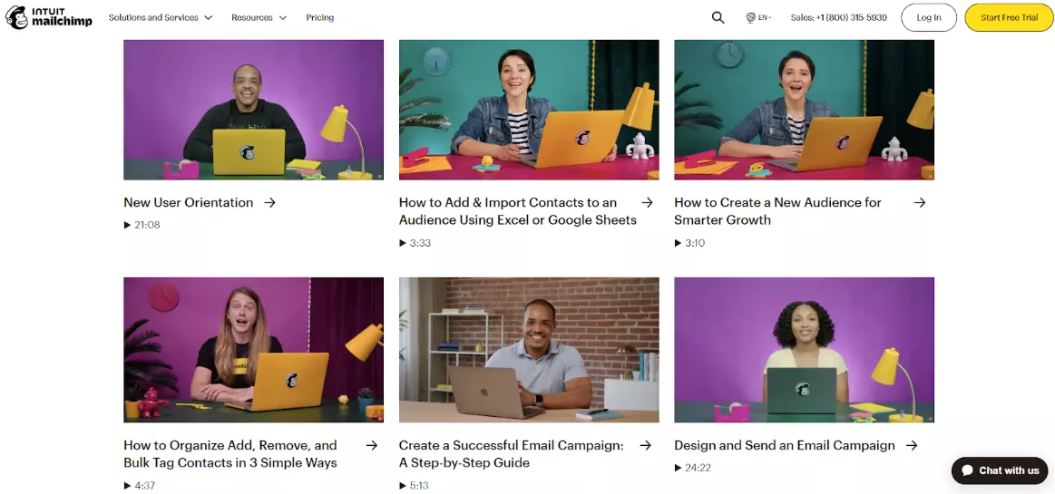 Conteúdo interativo da base de conhecimento do Mailchimp
