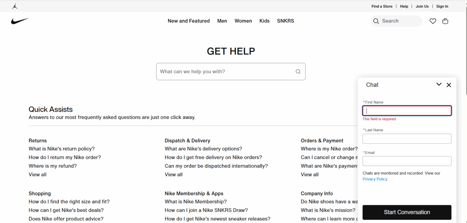 Chatbot de IA no site da Nike
