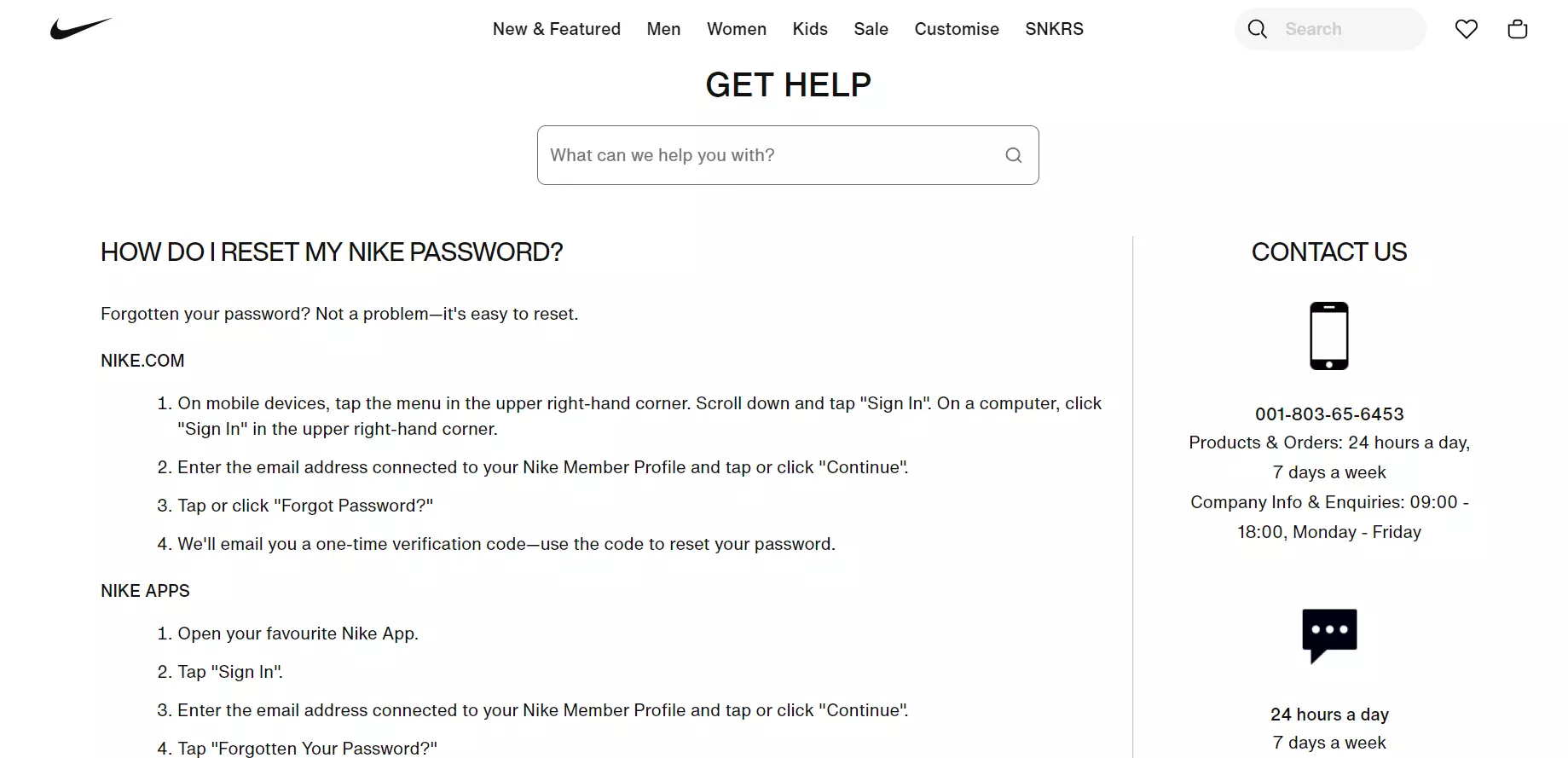 Informações de contato convenientes da Nike