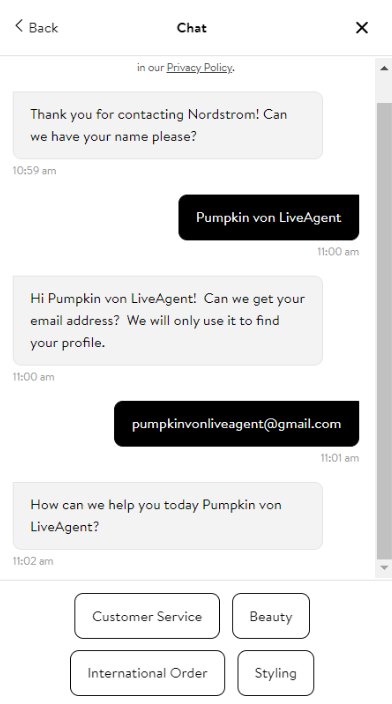 Recurso de chatbot da Nordstrom