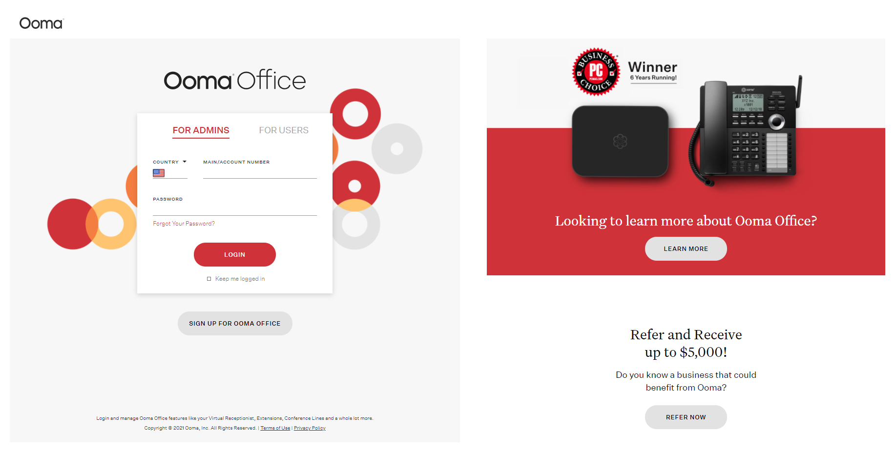 Website do provedor Ooma Office
