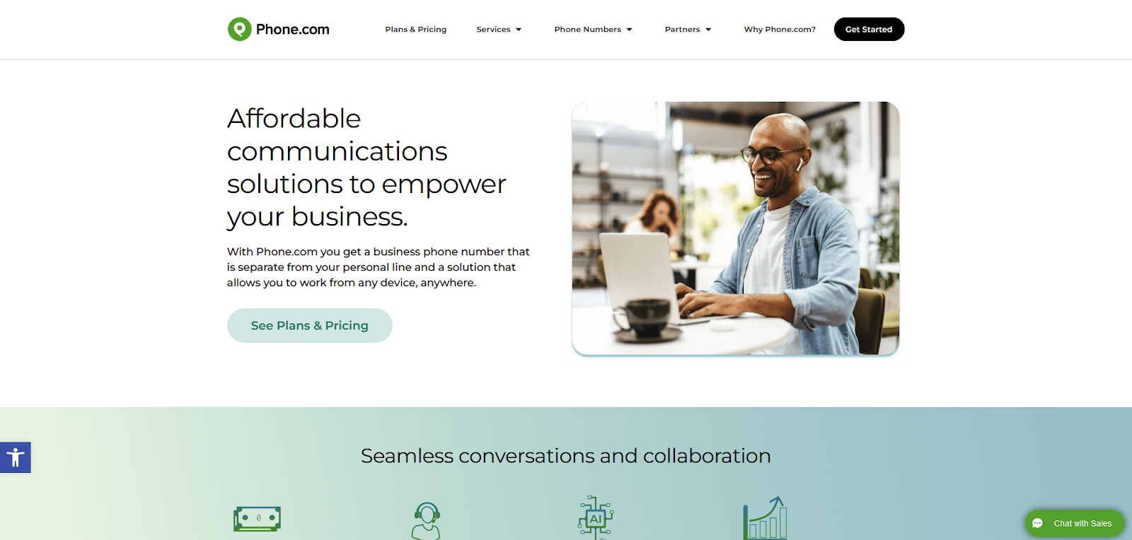 Homepage do software de call center Phone.com