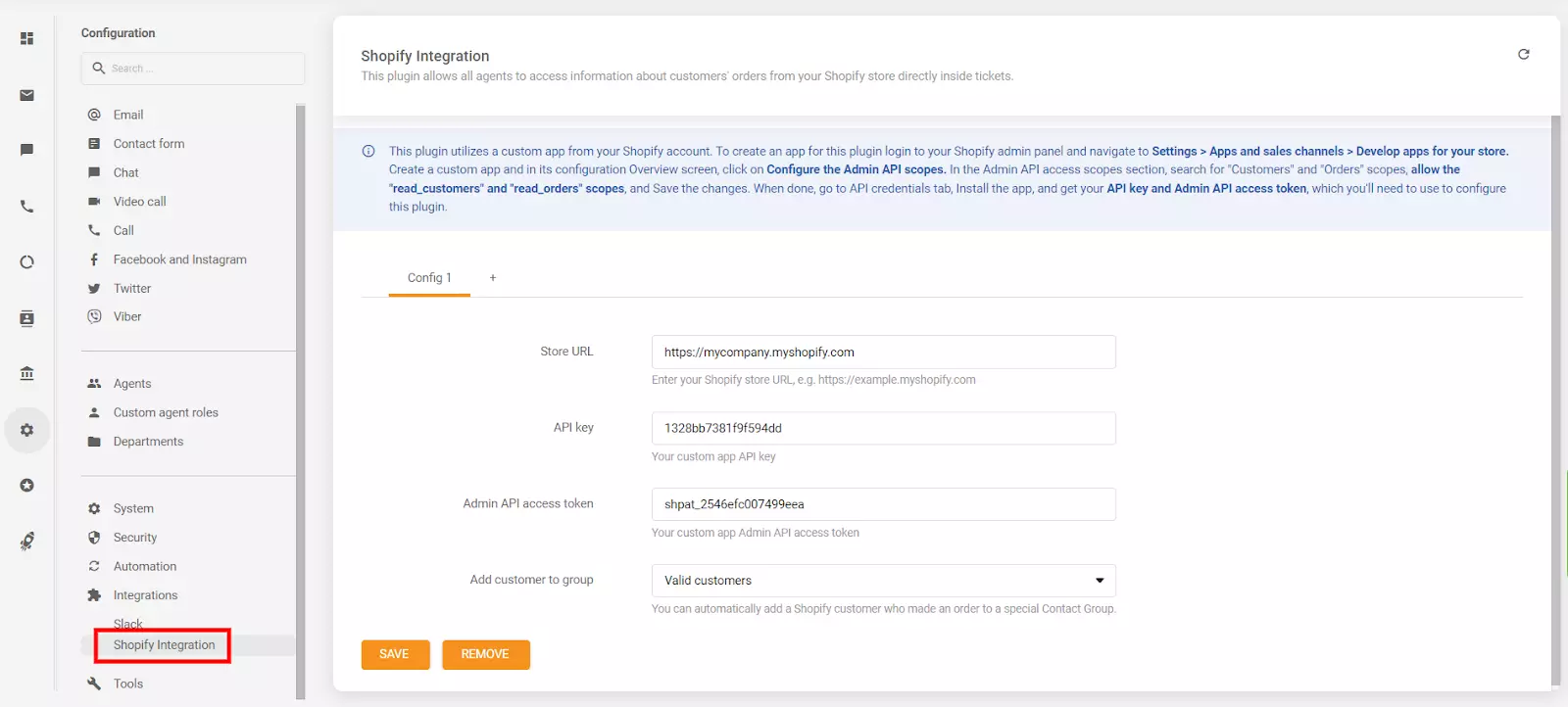 Colocando a chave da API e o token de acesso da API no painel de configuração do LiveAgent