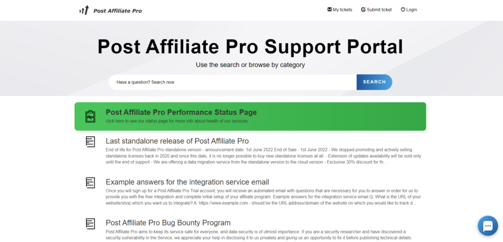 Portal de suporte do Post Affiliate Pro