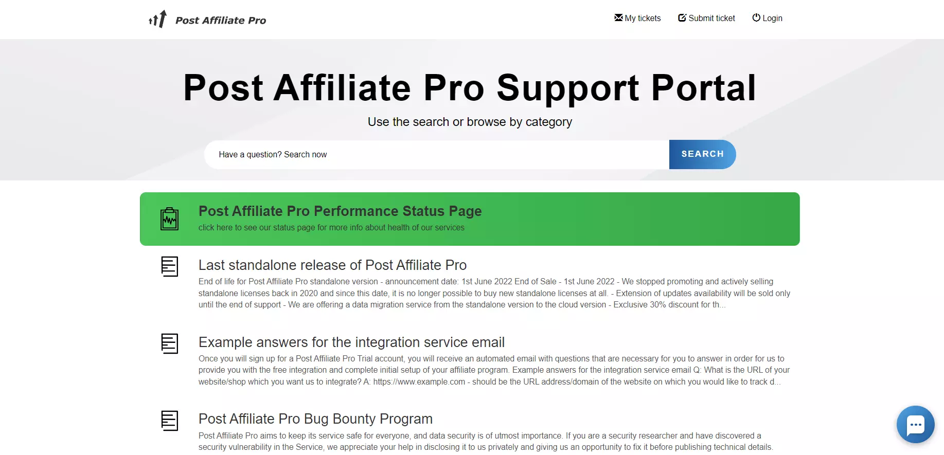 Portal de suporte do Post Affiliate Pro