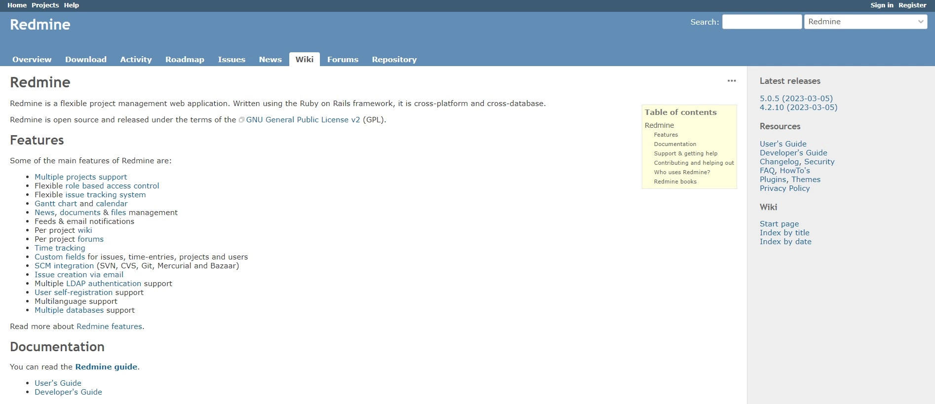 Página inicial do Redmine - uma plataforma de código aberto que pode ajudá-lo a automatizar processos e auxiliar no planejamento de tarefas para melhorar a eficiência em sua empresa.
