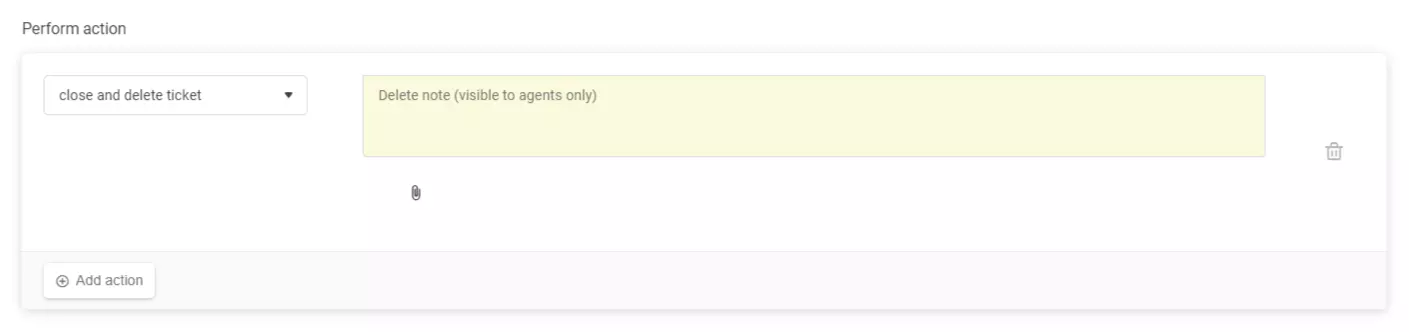 Configuração de regra automática mostrando a ação 'fechar e excluir ticket' no LiveAgent