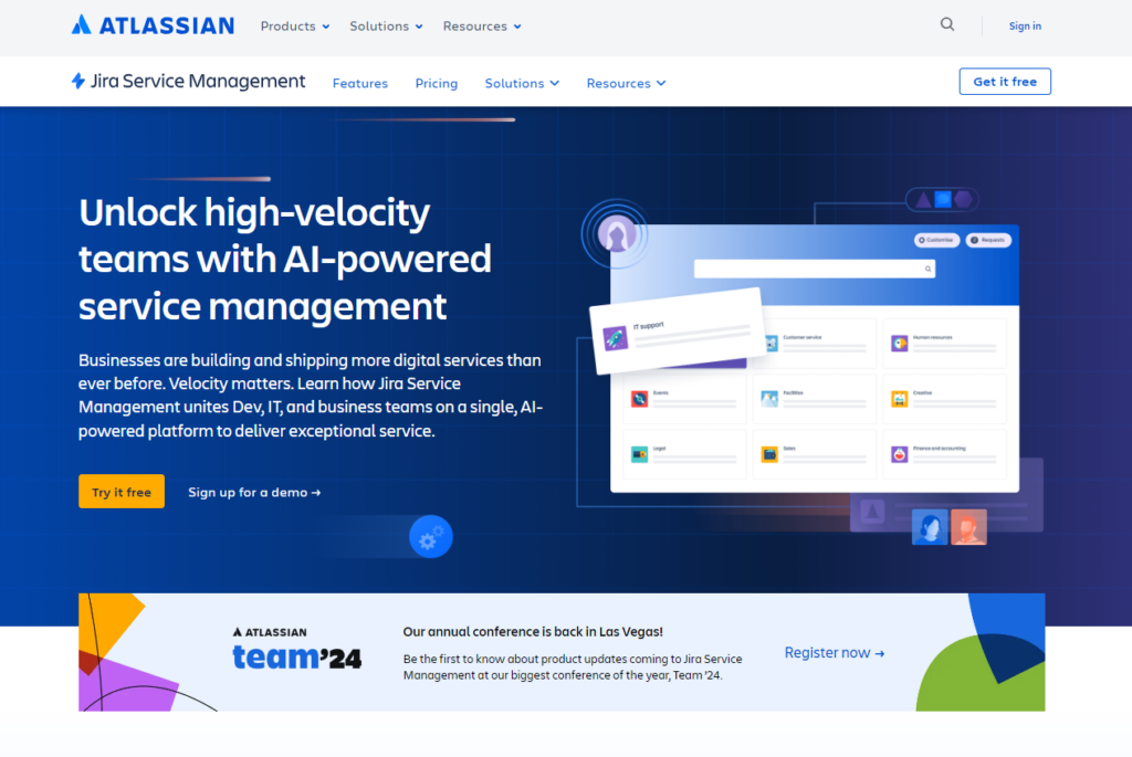 Homepage do Jira Service Management, uma alternativa ao Help Scout para software help desk
