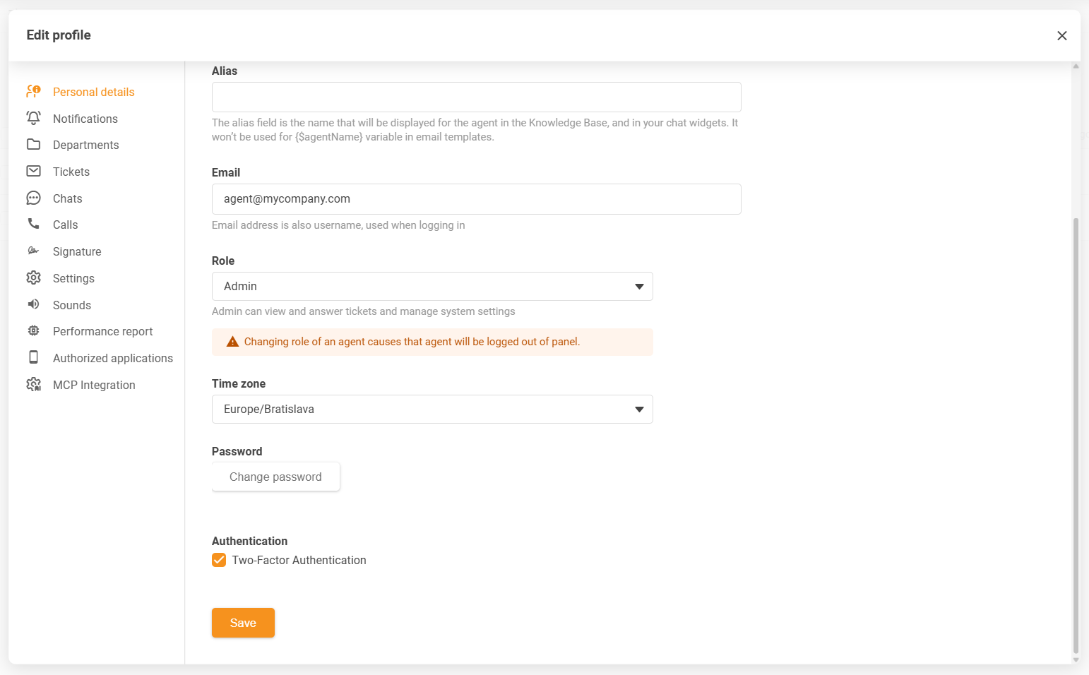 Configurações de fuso horário do perfil do agente do LiveAgent