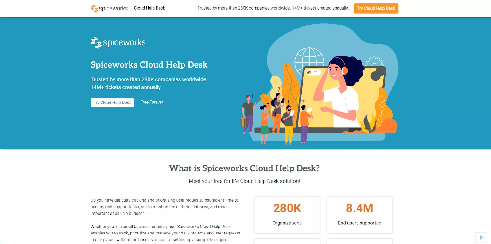 Página inicial do Spiceworks - software de help desk e ticketing gratuito