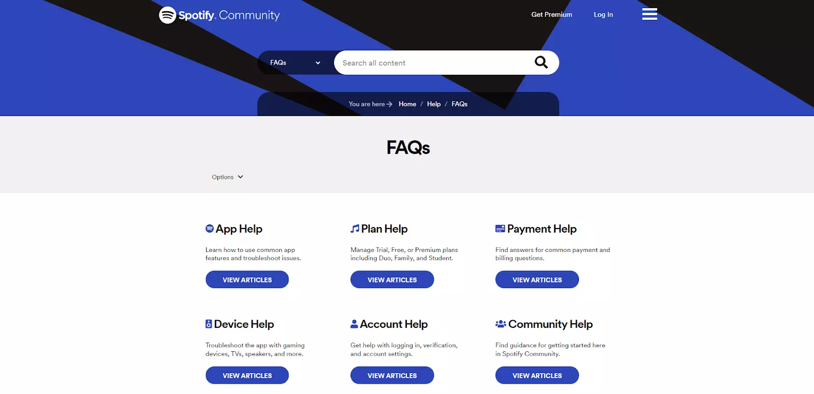 Página de FAQ do Spotify
