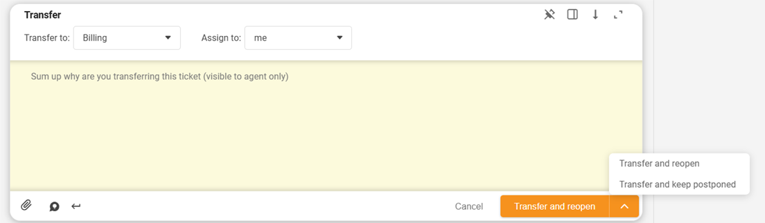 Diálogo de transferência de ticket do LiveAgent com novo botão expansível de reabrir/adiar