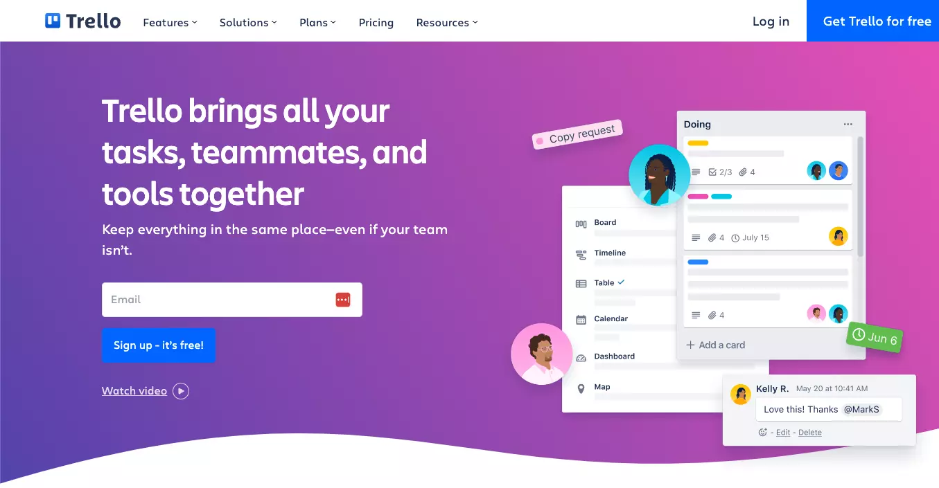 Página inicial do Trello - mantenha seu trabalho organizado e rastreie tarefas individuais de uma plataforma.