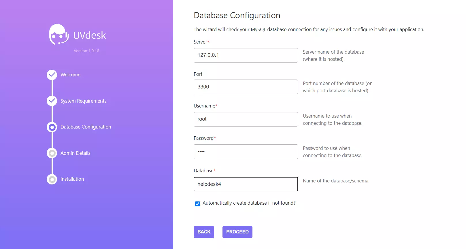 Um exemplo do assistente de instalação do UVdesk