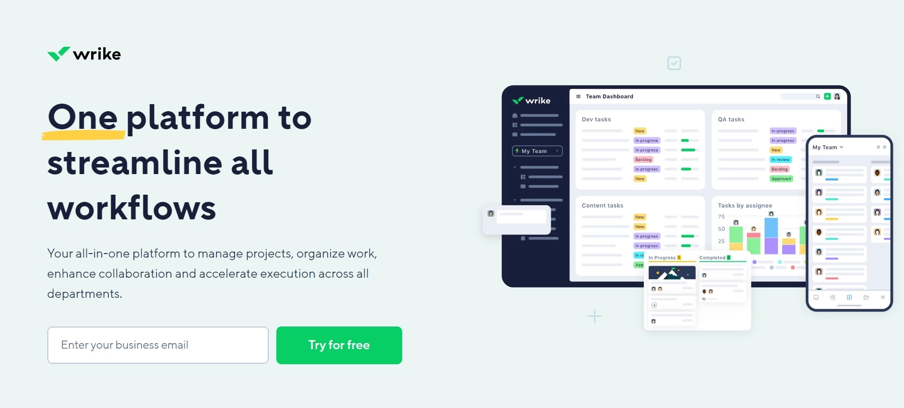Página inicial do Wrike - uma plataforma completa para gerenciar projetos, organizar o trabalho e aprimorar a colaboração entre departamentos.