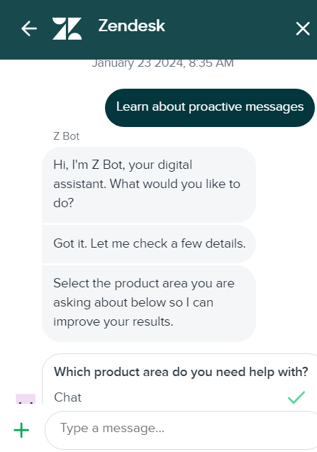 Imagem mostra como a conversa de chat ao vivo do Zendesk se parece