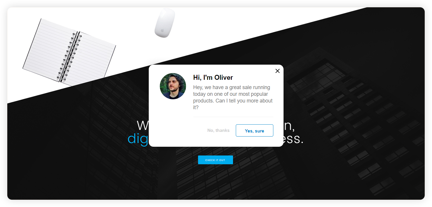 Exemplo de um convite de chat ao vivo proativo empresarial