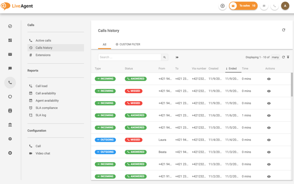 Gerenciamento de central de atendimento - histórico de chamadas