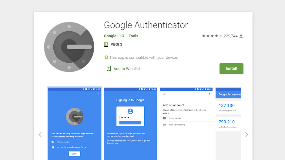Aplicativo Google Authenticator na Google Play Store