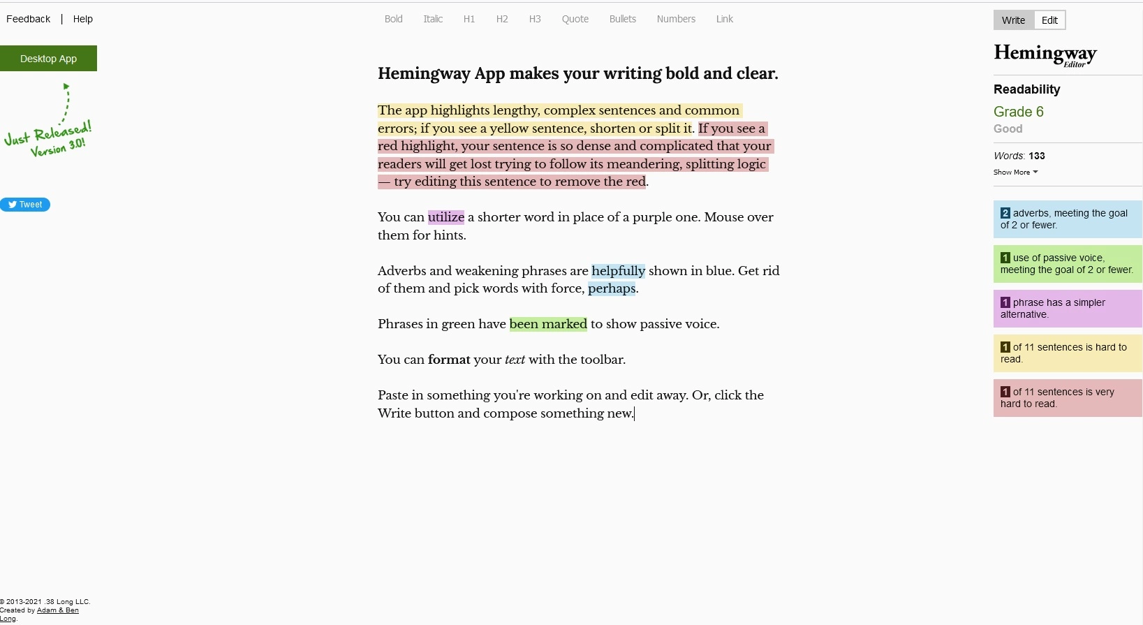 Editor Hemingway app