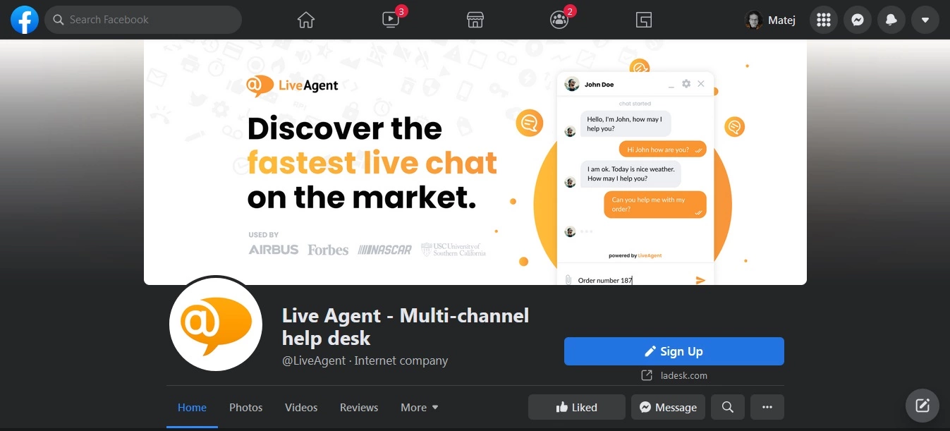 LiveAgent – Página do Facebook