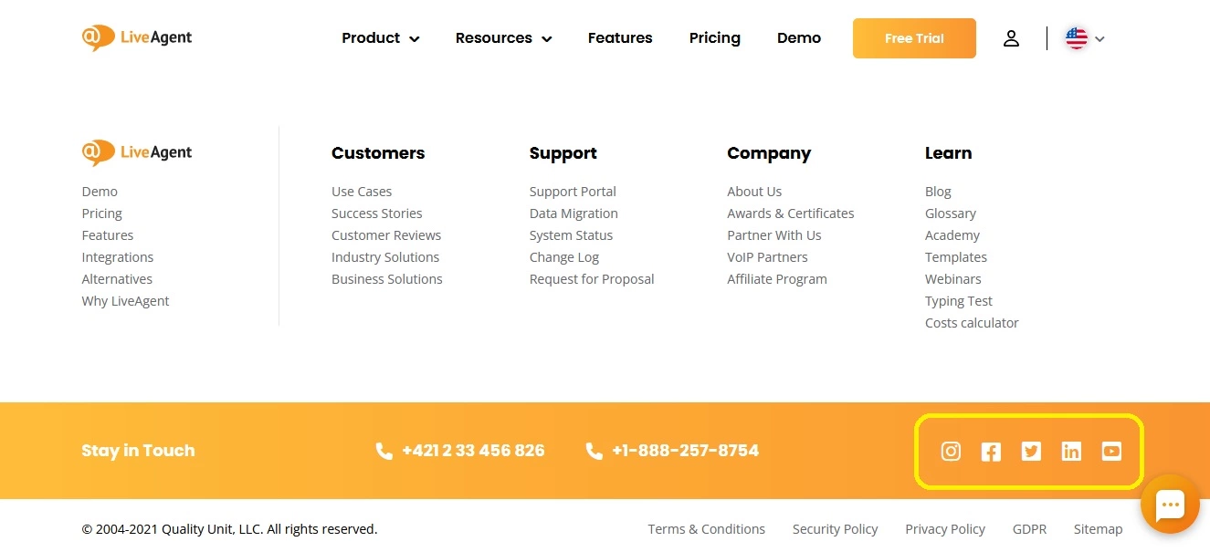 Exemplo de ícones de redes sociais - LiveAgent