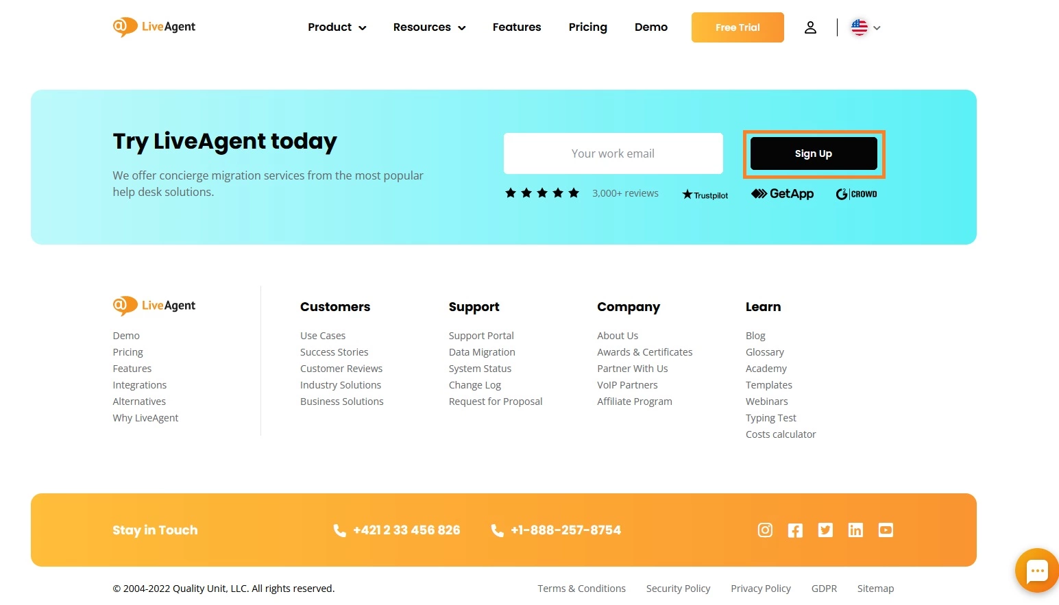 Opção de inscrição do LiveAgent