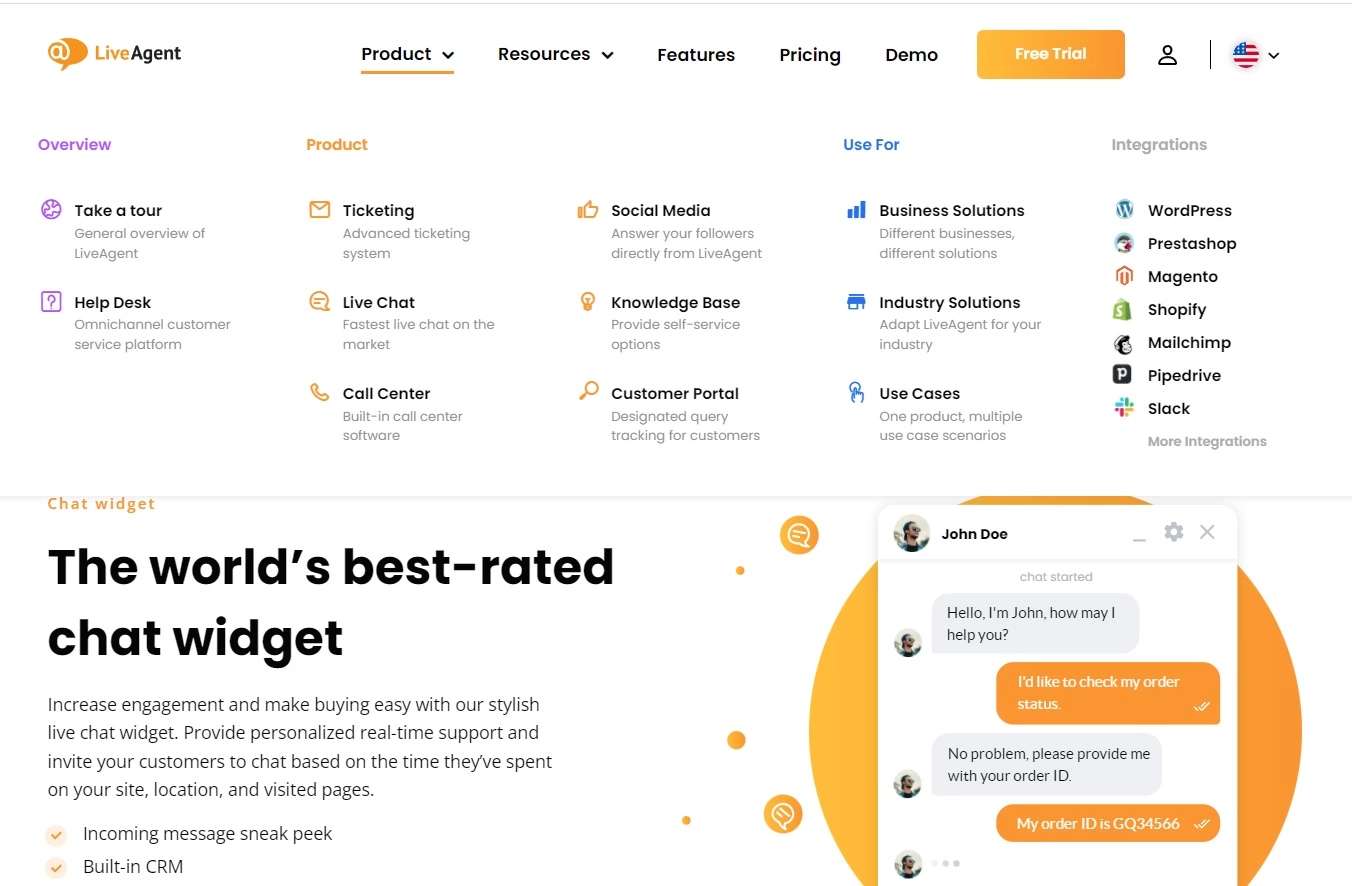 Navegação de produto do LiveAgent