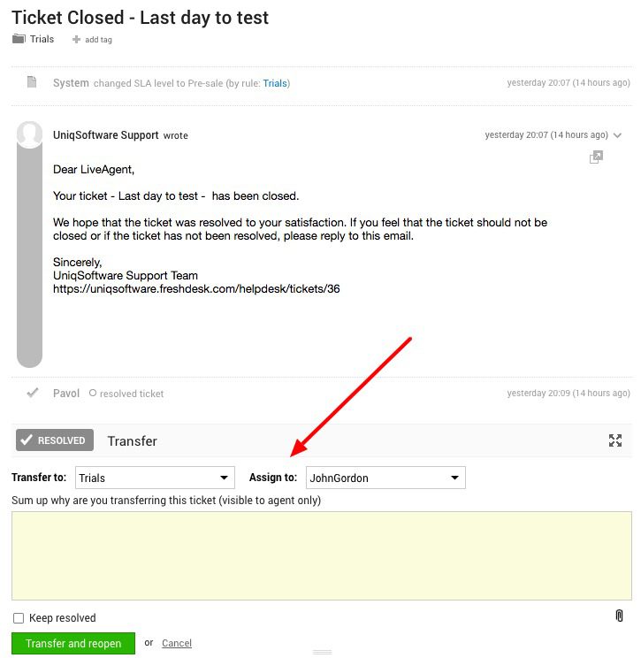 Função de atribuição de ticket do LiveAgent