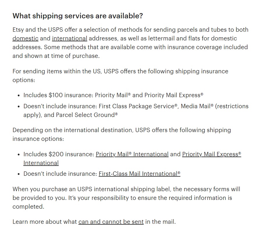 Serviços de envio disponíveis do Etsy