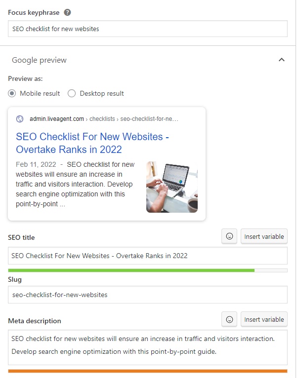 LiveAgent - exemplo de frase-chave, título de SEO e meta descrição