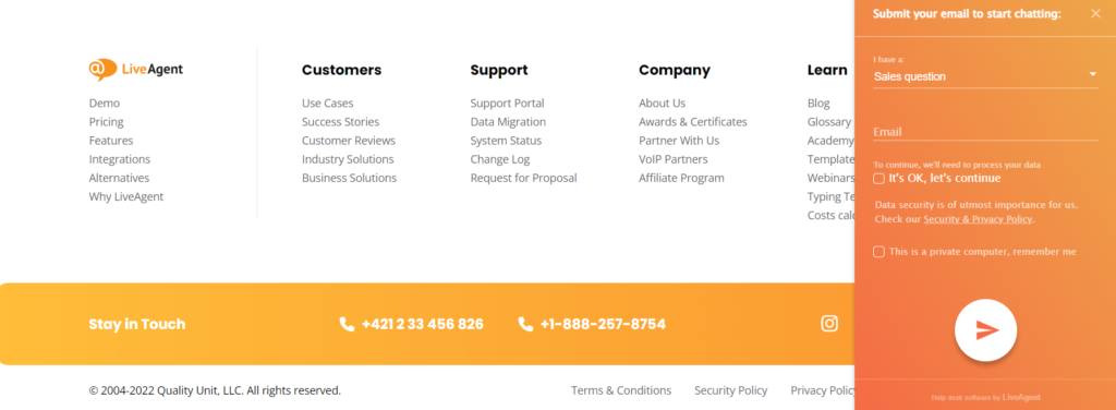 Rodapé da página de destino do LiveAgent e chat ao vivo