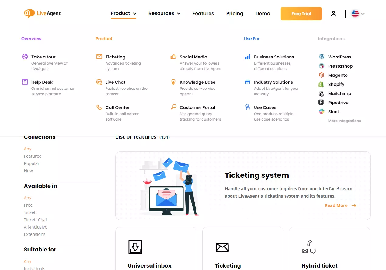 Cabeçalho principal e lateral do LiveAgent