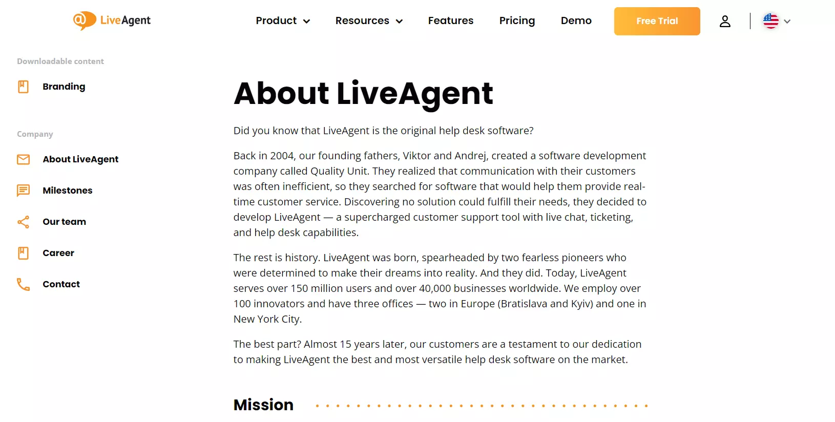 Página Sobre nós do LiveAgent