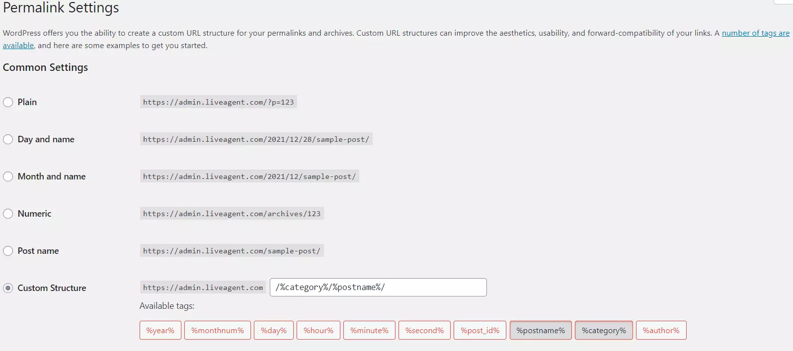 Exemplo de configurações de Permalink