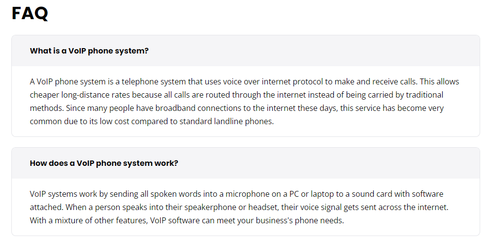 Exemplo de seção de perguntas frequentes