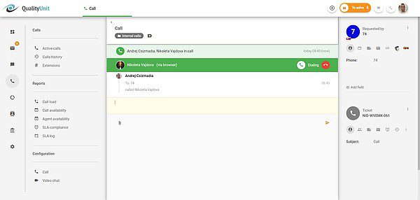 Chamadas internas em andamento do LiveAgent