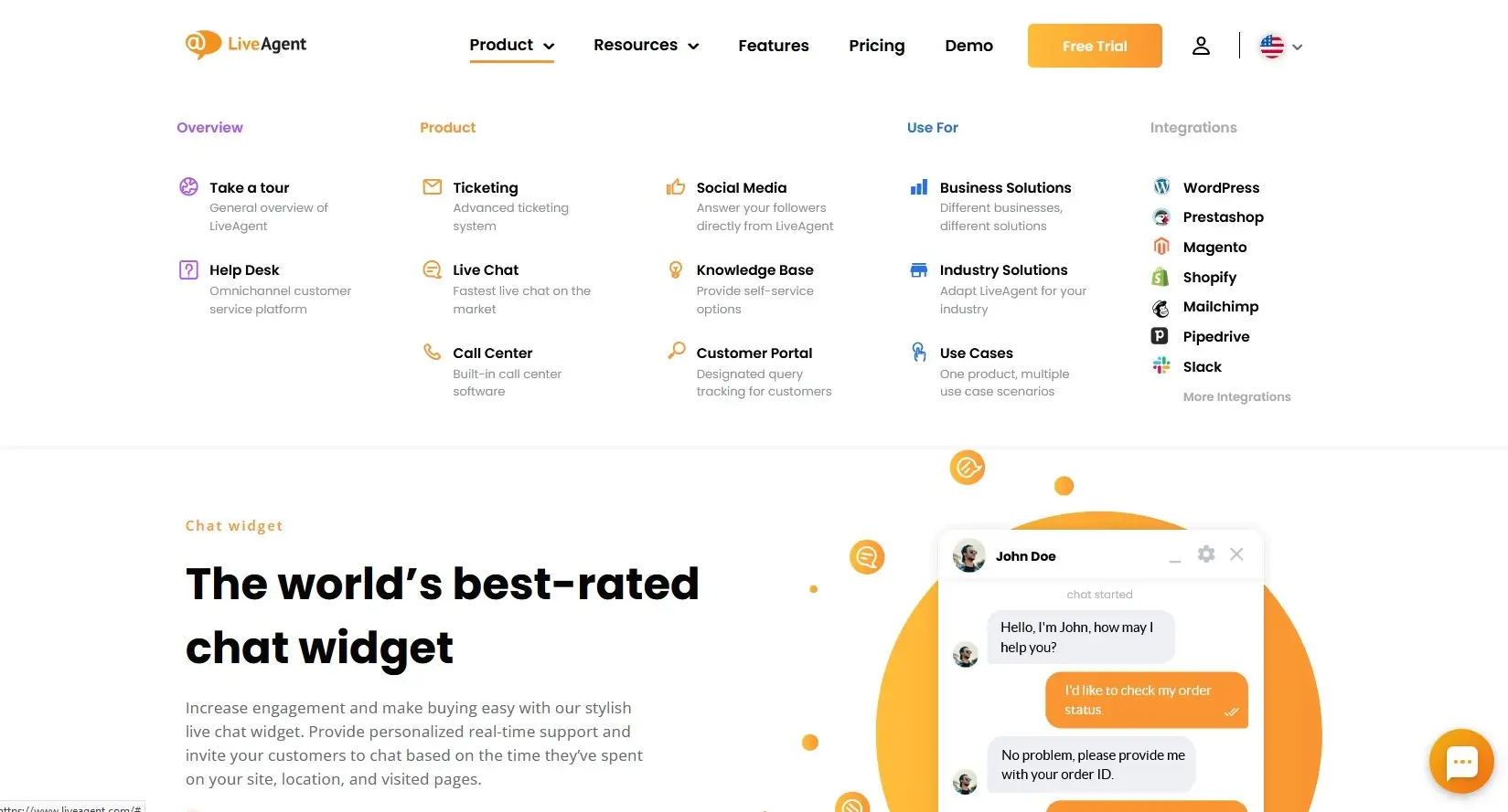 Aba de produtos do LiveAgent