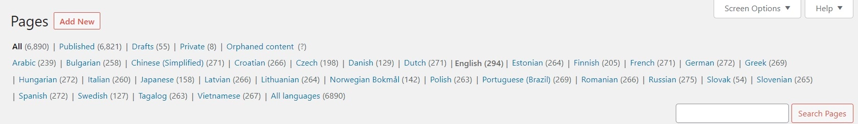 Exemplo de idiomas WP