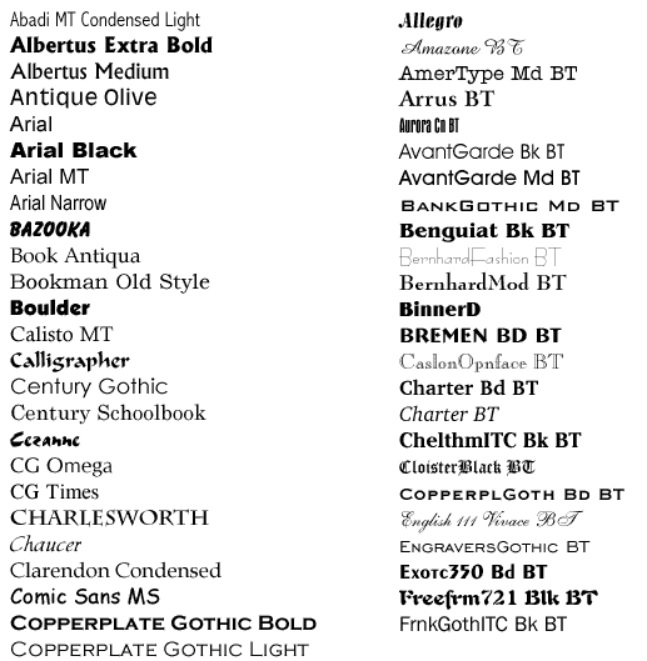 Exemplo de fontes no MS Word