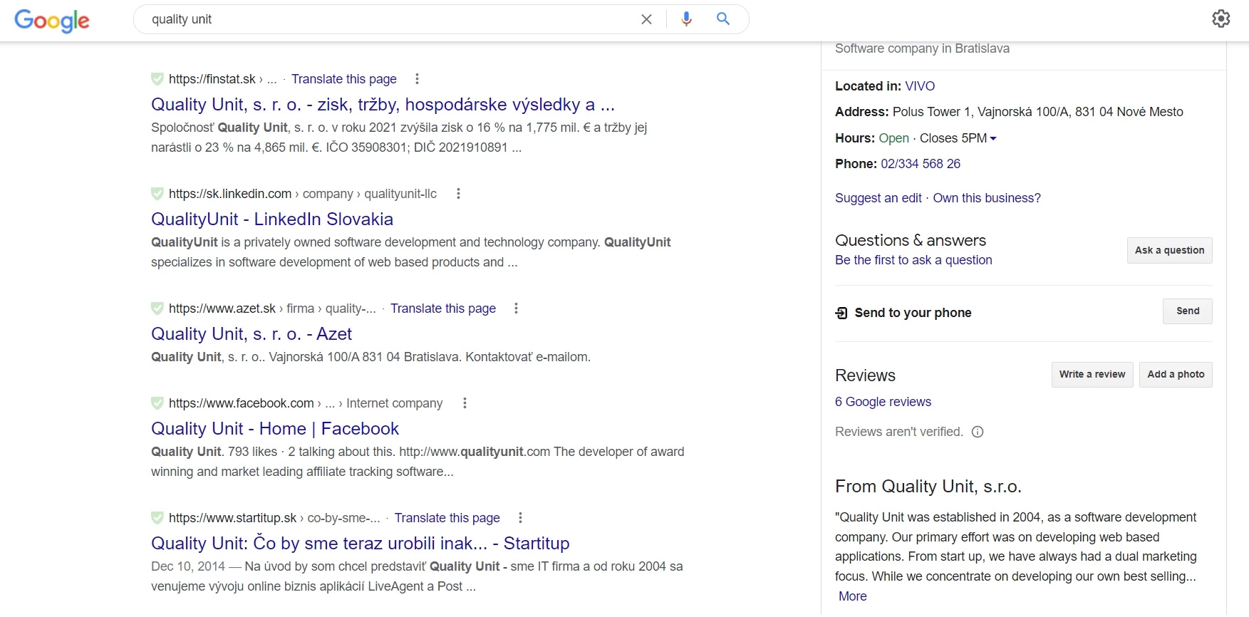 Resultados de pesquisa do Google da Quality Unit