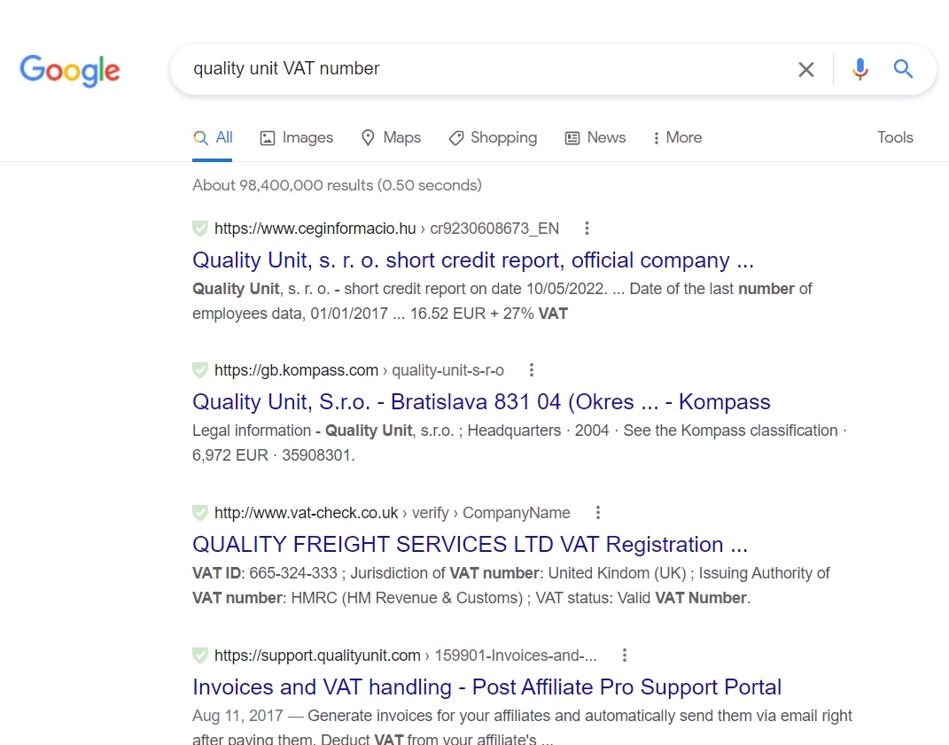 Pesquisa do Google do número de IVA da Quality Unit