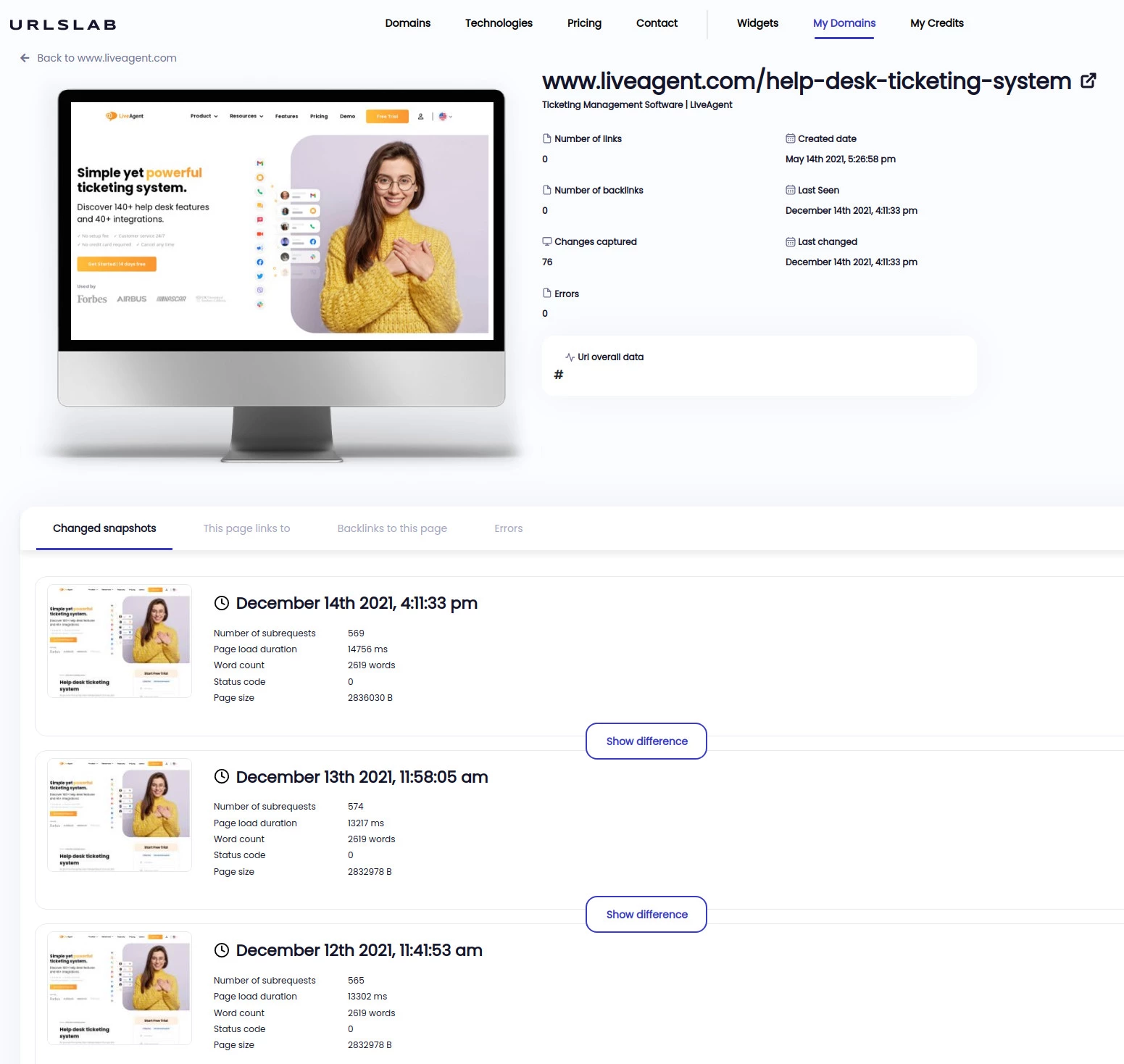 Receba uma captura de tela de cada página do seu site diariamente